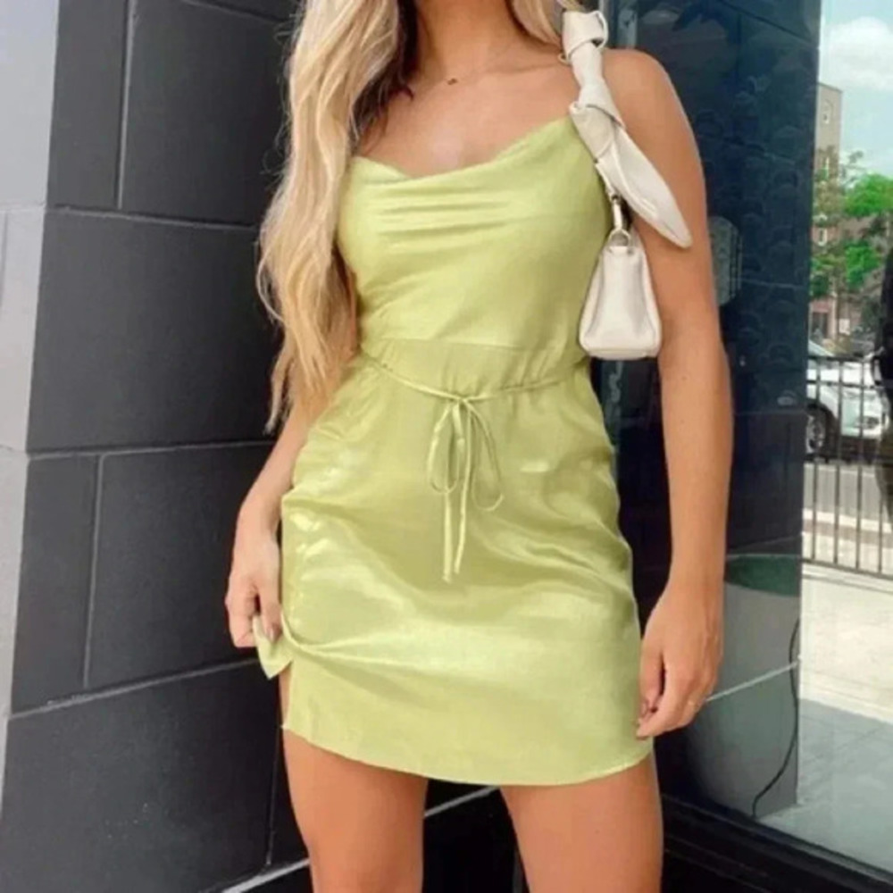 Button + Brim Mini Lime Green Satin Dress cowl neckline Size S